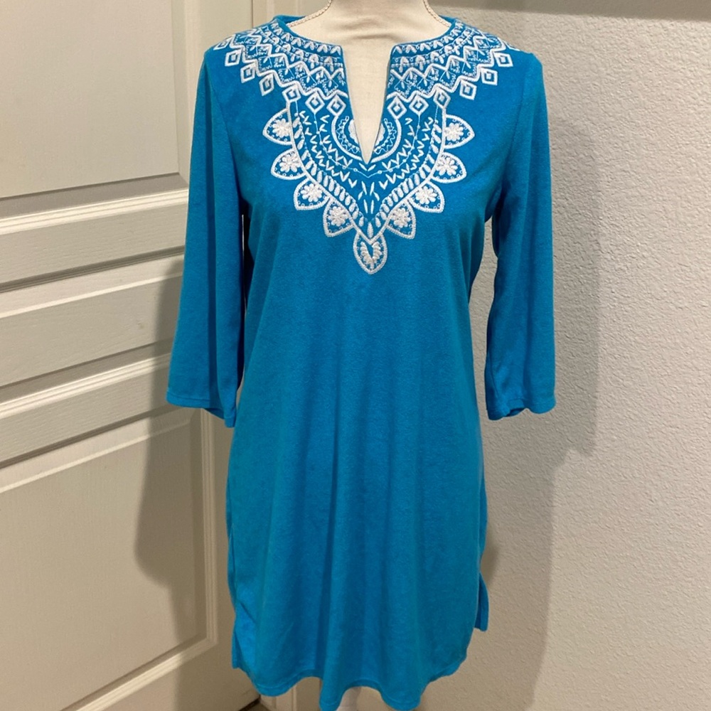 TALBOTS cover-up, boho beach pool embroidered turquoise blue, NWT size S